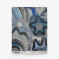 Swirling blue, black, and gray patterns create a star-like motif in the upper right of the textile, evoking the serene landscapes of Florianopolis. Inspired by collaborative artistry, text along the bottom provides background on the piece and partnership. This design reflects the spirit of Floripa Grasscloth||Nuit wallpaper.