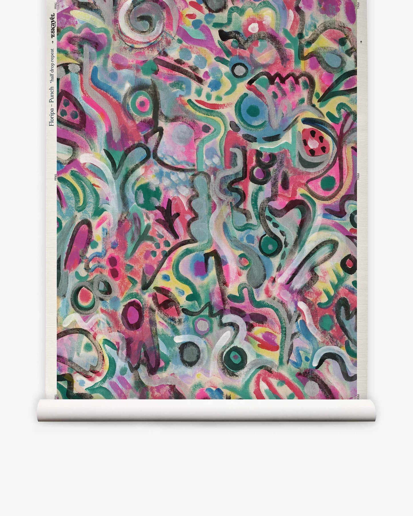 Floripa Grasscloth||Punch showcases a colorful abstract design with swirling, layered shapes and brushstrokes in pink, green, purple, and blue tones on a white scroll background; this striking piece evokes the luxurious look of high-end wallpaper.