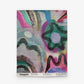 Abstract multicolored Floripa Grasscloth Sample||Punch textile featuring wavy and circular patterns in green, pink, purple, black, and gray tones, labeled with brand and dimensions at the bottom. Order a sample to experience this vibrant design firsthand.