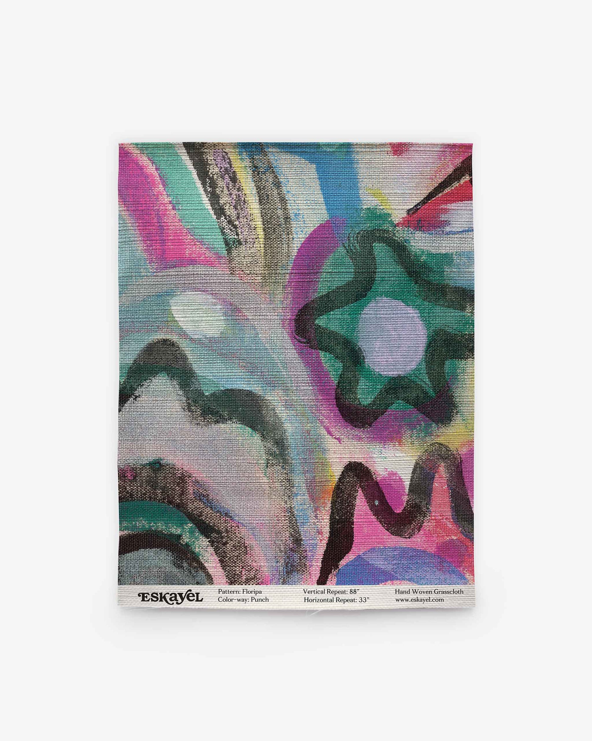 Abstract multicolored Floripa Grasscloth Sample||Punch textile featuring wavy and circular patterns in green, pink, purple, black, and gray tones, labeled with brand and dimensions at the bottom. Order a sample to experience this vibrant design firsthand.