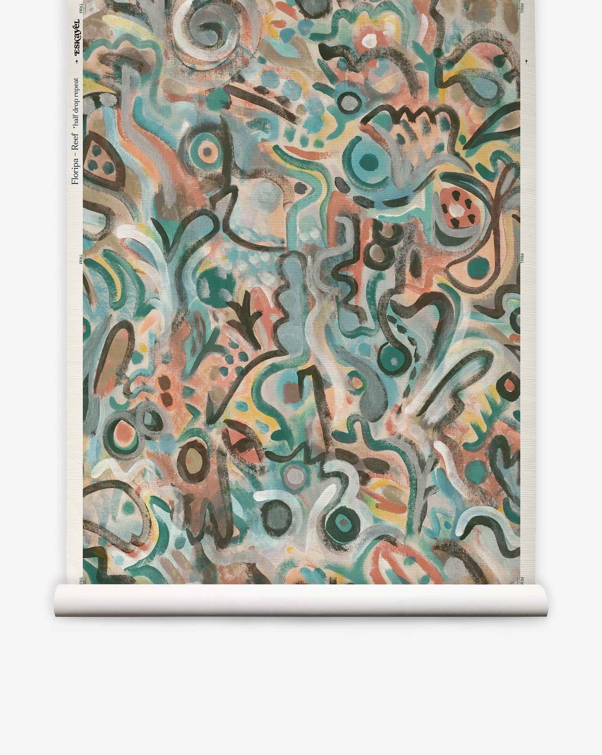 Floripa Grasscloth||Reef features an abstract design with swirling shapes, lines, and dots in earthy tones of green, blue, orange, and brown on a white scroll background, capturing the vibrant energy of multicolor wallpaper inspired by Brazilian folklore.