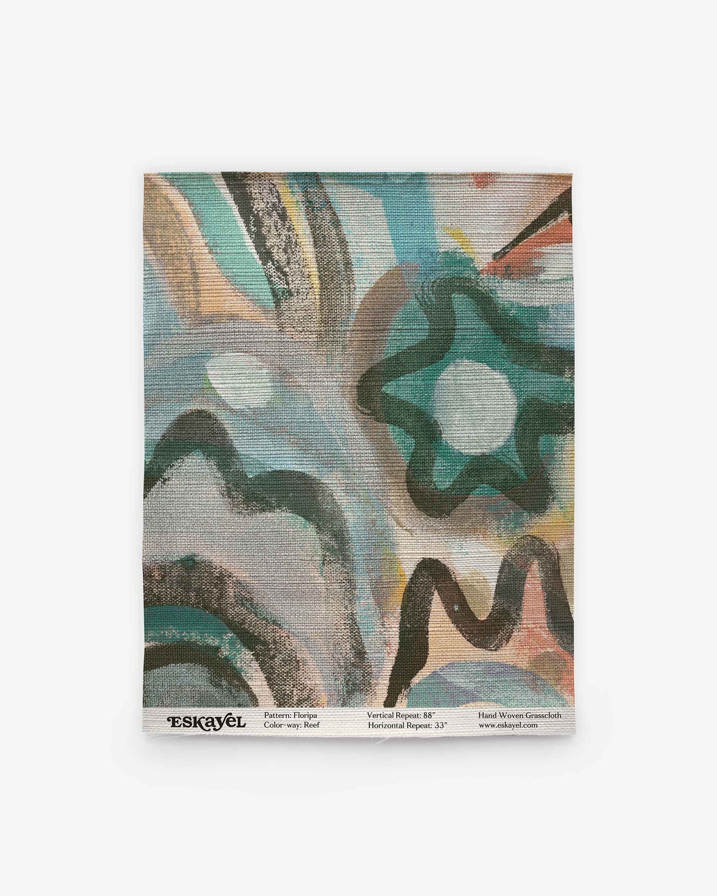 Abstract patterned fabric swatch showcasing teal, brown, black, and beige brushstrokes and shapes—evoking the lively multicolor style of wallpaper designs such as the Floripa Grasscloth||Reef—displayed against a white background with visible text along the bottom edge.
