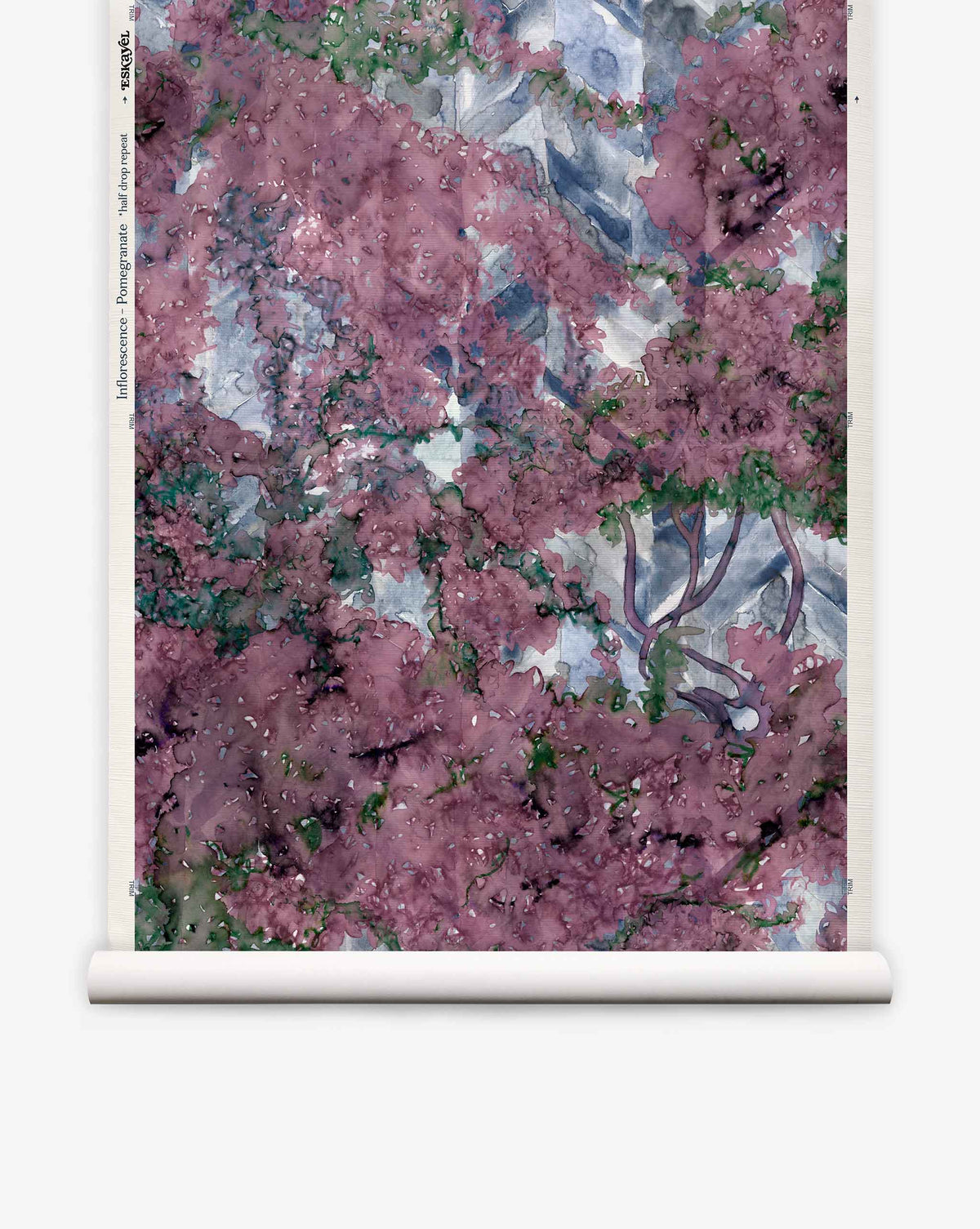 Inflorescence Grasscloth||Pomegranate features abstract watercolor blooms in pink, purple, green, and blue—perfect as a unique floral wallpaper accent.