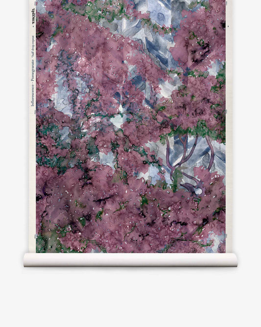 Inflorescence Grasscloth||Pomegranate features abstract watercolor blooms in pink, purple, green, and blue—perfect as a unique floral wallpaper accent.