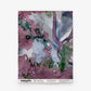 A square textile featuring abstract purple, green, and blue watercolor patterns, like wallpaper. Bottom text: Inflorescence Grasscloth||Pomegranate and a website URL.