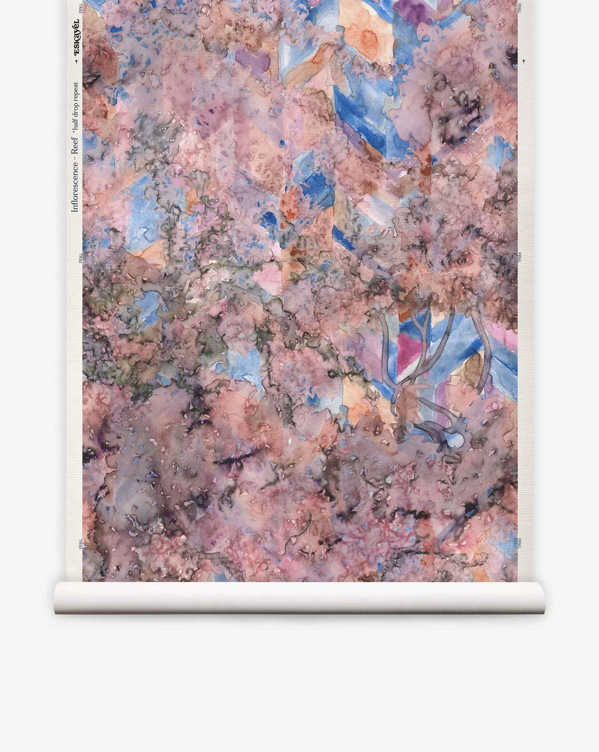 Inflorescence Grasscloth||Reef features abstract pink, purple, and blue marbled patterns on a white scroll with a cylindrical base, resembling watercolor wallpaper.