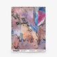 A square Inflorescence Grasscloth||Reef fabric with abstract watercolor wallpaper in muted pink, blue, and purple, labeled with pattern, color, and size at the bottom.