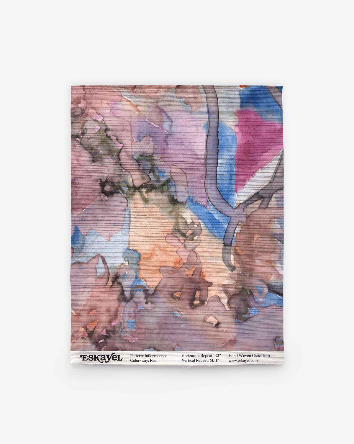 A square Inflorescence Grasscloth||Reef fabric with abstract watercolor wallpaper in muted pink, blue, and purple, labeled with pattern, color, and size at the bottom.