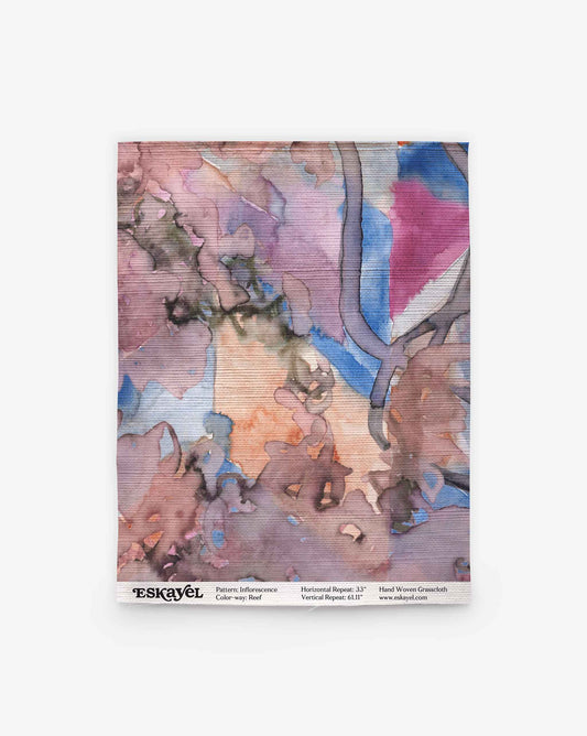A square Inflorescence Grasscloth||Reef fabric with abstract watercolor wallpaper in muted pink, blue, and purple, labeled with pattern, color, and size at the bottom.