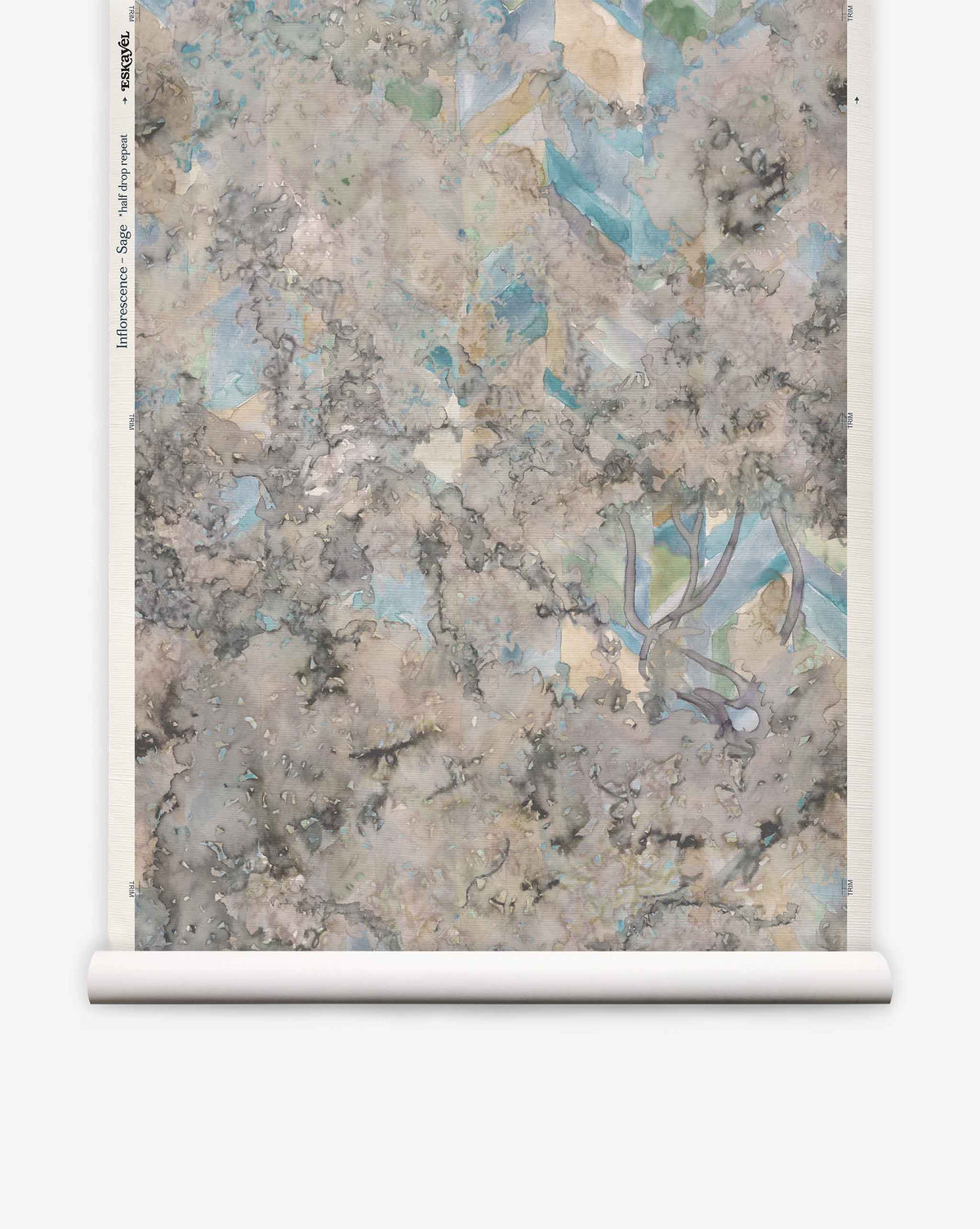 Inflorescence Grasscloth||Sage features abstract watercolor patterns in muted gray, blue, and beige tones with a cloud-like effect on a vertical scroll.