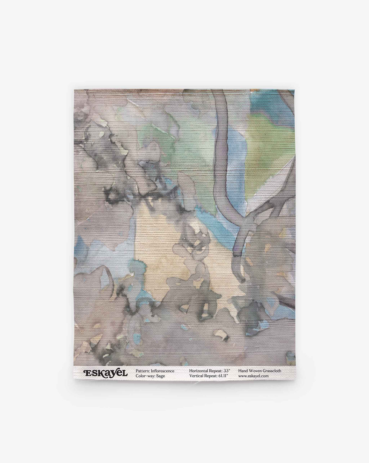 Abstract watercolor wallpaper in muted green, blue, and brown tones; “Inflorescence Grasscloth||Sage” name, repair info, and website shown at the bottom.