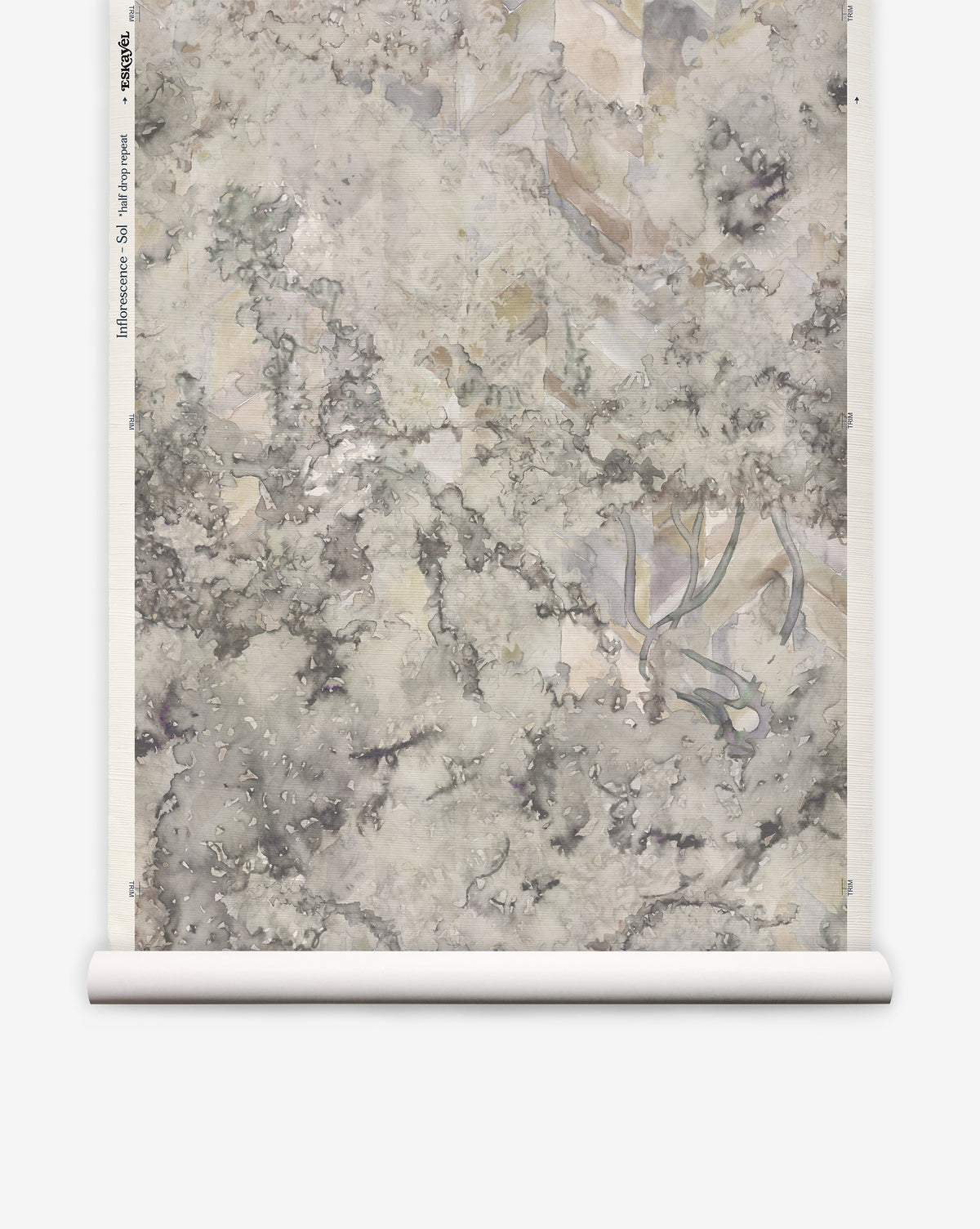 The Inflorescence Grasscloth||Sol features a marbled abstract pattern in muted gray, beige, and green tones, mimicking hand woven grasscloth with subtle swirls and organic shapes.