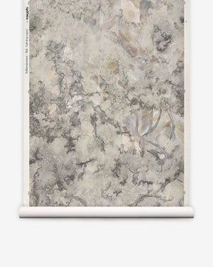The Inflorescence Grasscloth||Sol features a marbled abstract pattern in muted gray, beige, and green tones, mimicking hand woven grasscloth with subtle swirls and organic shapes.