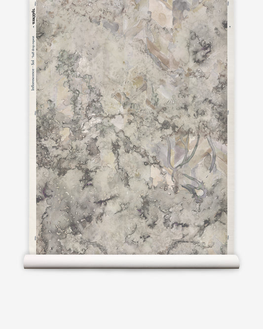The Inflorescence Grasscloth||Sol features a marbled abstract pattern in muted gray, beige, and green tones, mimicking hand woven grasscloth with subtle swirls and organic shapes.