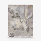 A square swatch of handwoven fabric with a gray and beige abstract watercolor pattern, labeled “Inflorescence Grasscloth||Sol” with product details at the bottom.