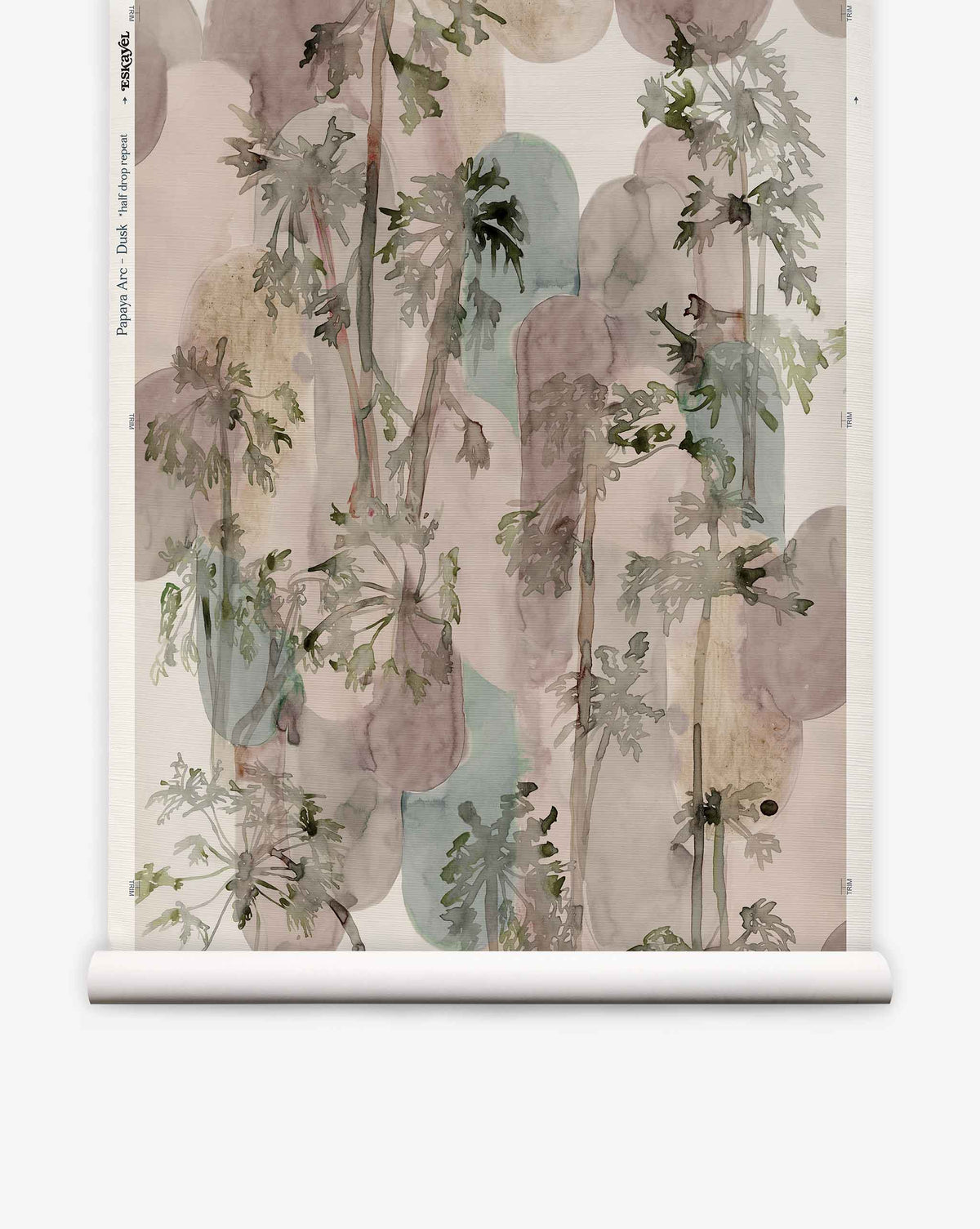 Papaya Arc Grasscloth||Dusk watercolor-style jungle wallpaper featuring a pattern of tropical palm trees layered over abstract rounded shapes in muted earth tones.