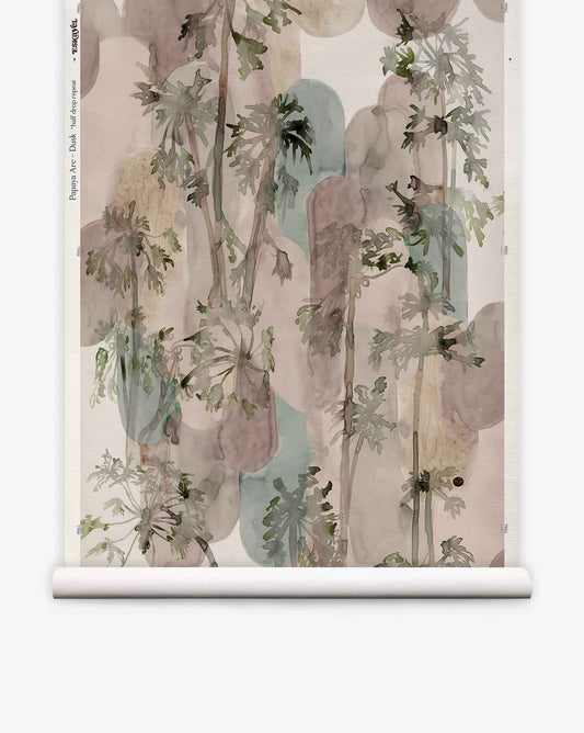 Papaya Arc Grasscloth||Dusk watercolor-style jungle wallpaper featuring a pattern of tropical palm trees layered over abstract rounded shapes in muted earth tones.