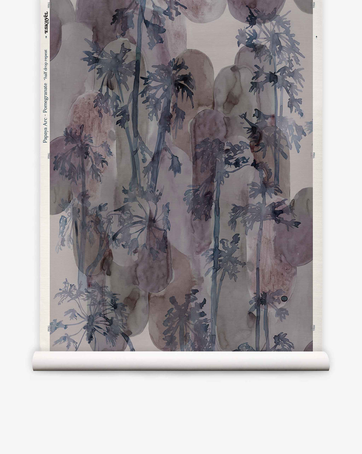 Papaya Arc Grasscloth||Pomegranate hand-painted wallpaper roll featuring a dark blue watercolor pattern of palm-like trees layered over soft, muted red botanical shapes.