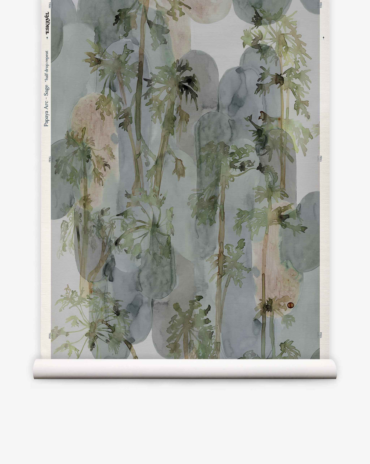 Papaya Arc Grasscloth in Sage featuring a hand-woven grasscloth wallpaper with a watercolor pattern of green papaya trees set against vertical grey arch shapes.