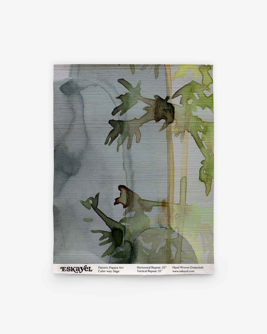 Papaya Arc Grasscloth Sample in Sage, an abstract watercolor botanical fabric in shades of green and grey with an order sample label printed at the bottom.