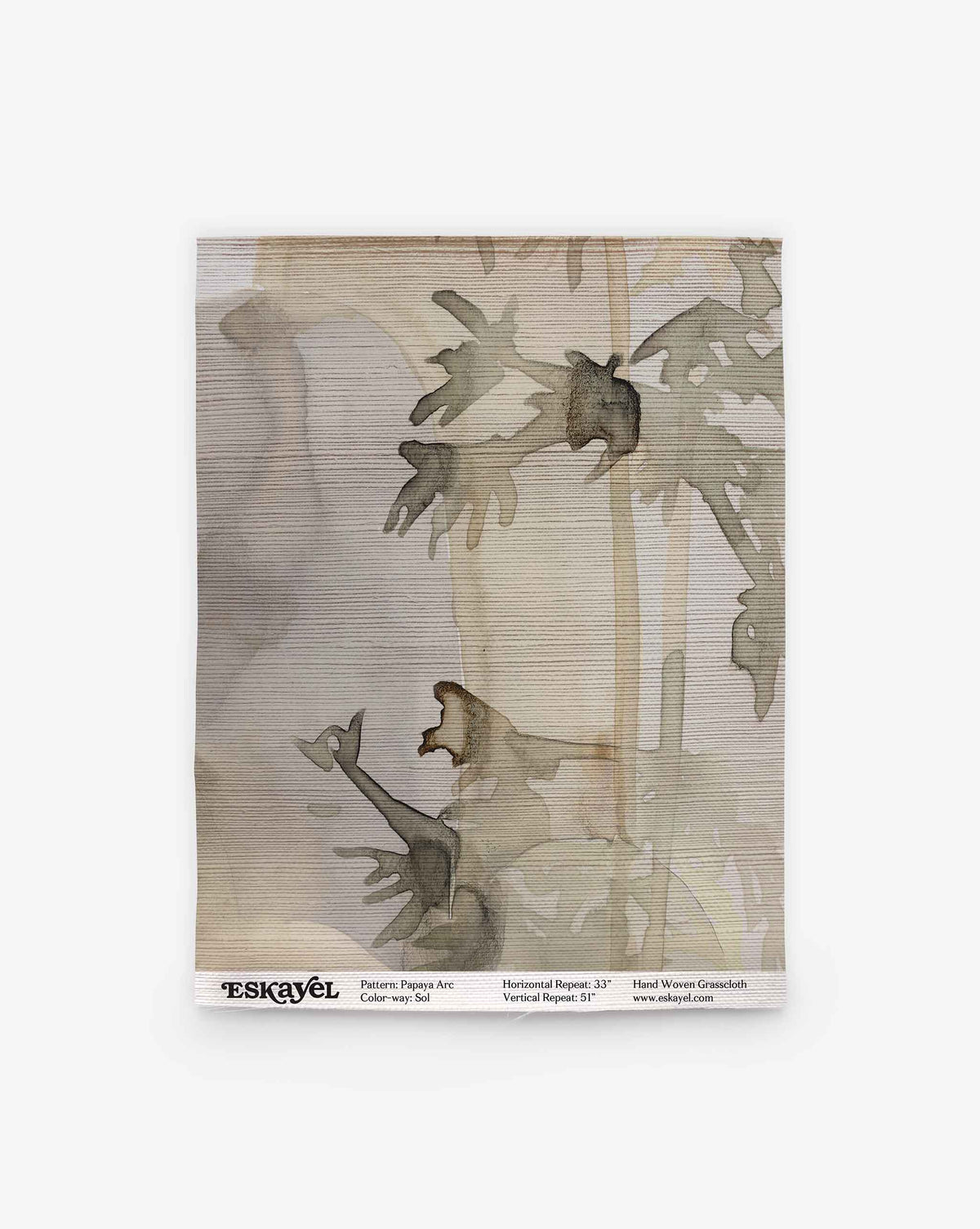 A Papaya Arc Grasscloth Sample featuring a watercolor-style abstract pattern of flowing brown and green shapes on a textured, light-colored background.