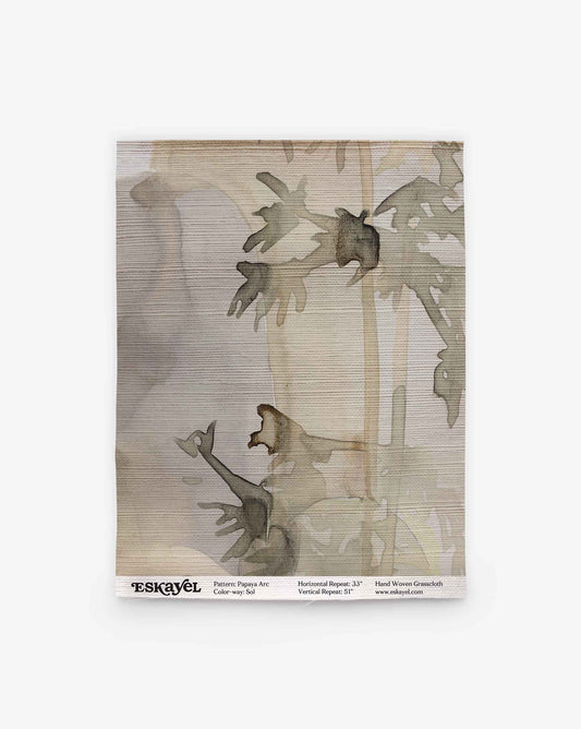 A Papaya Arc Grasscloth Sample featuring a watercolor-style abstract pattern of flowing brown and green shapes on a textured, light-colored background.