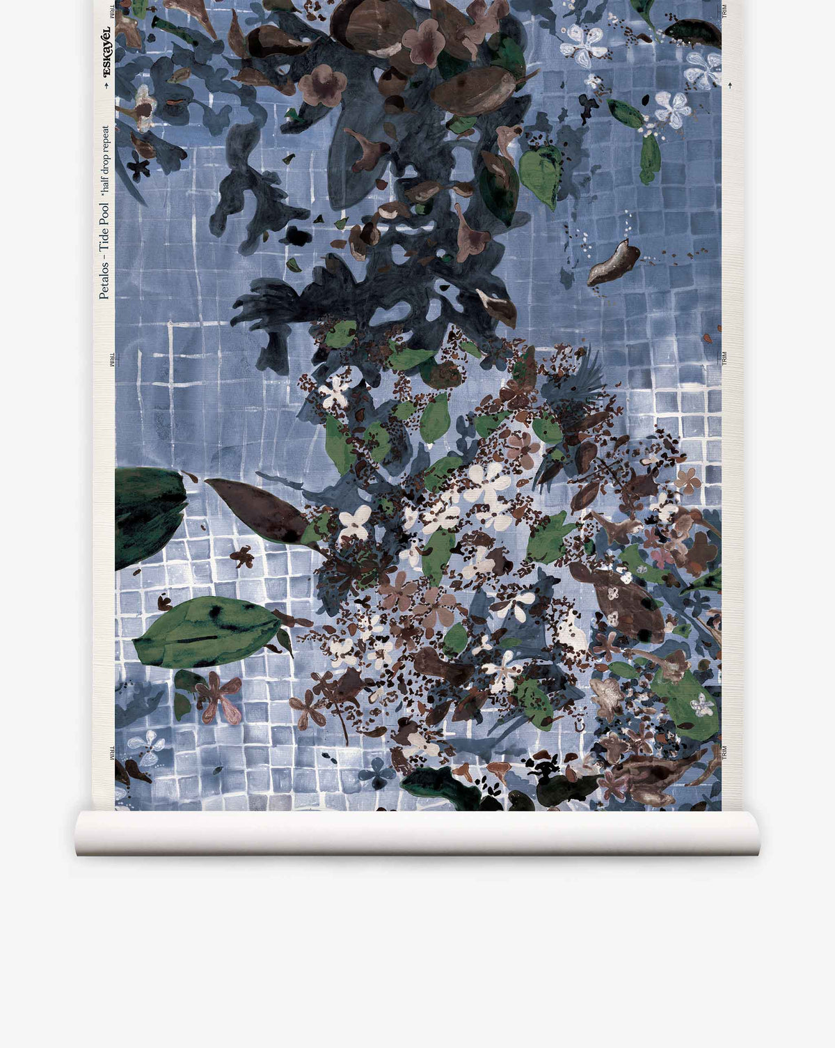 Introducing Pétalos Grasscloth||Tide Pool—a botanical wallpaper showcasing a hand-painted pattern of green leaves and brown flowers set against a blue and white geometric tiled background.