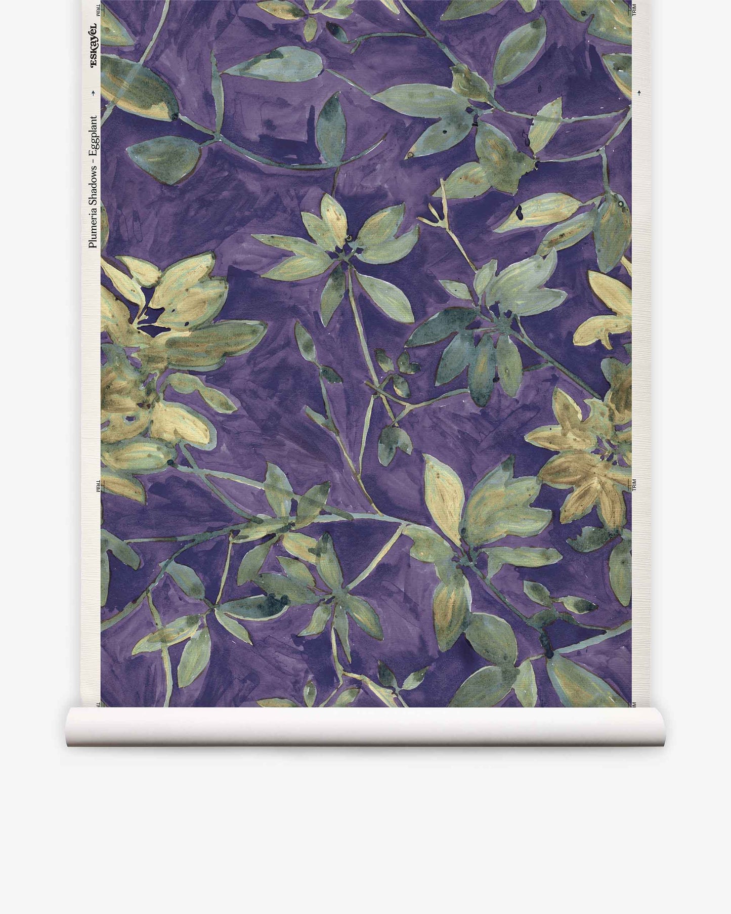 Add lush, modern style to any room with the Plumeria Shadows Grasscloth||Eggplant wallpaper—a roll featuring a botanical pattern of green and yellow leaves set against an eye-catching eggplant purple background, inspired by tropical wallpaper design.