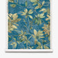 Experience the lush beauty of Plumeria Shadows Grasscloth||Tide Pool—a tropical wallpaper featuring green and yellow botanical patterns on a vivid blue background, shown unrolled in a vertical view. This striking blue grasscloth wallpaper brings vibrant island charm to any space.