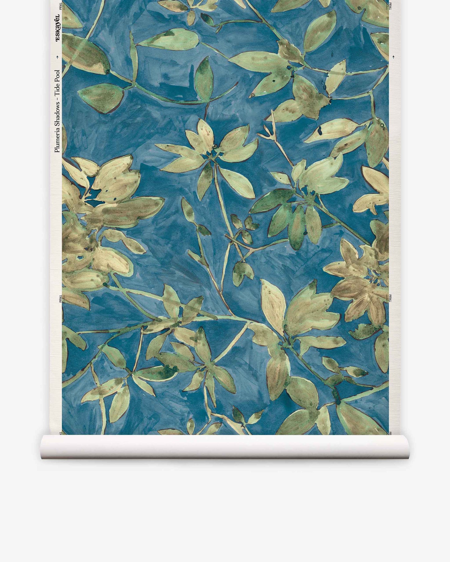 Experience the lush beauty of Plumeria Shadows Grasscloth||Tide Pool—a tropical wallpaper featuring green and yellow botanical patterns on a vivid blue background, shown unrolled in a vertical view. This striking blue grasscloth wallpaper brings vibrant island charm to any space.