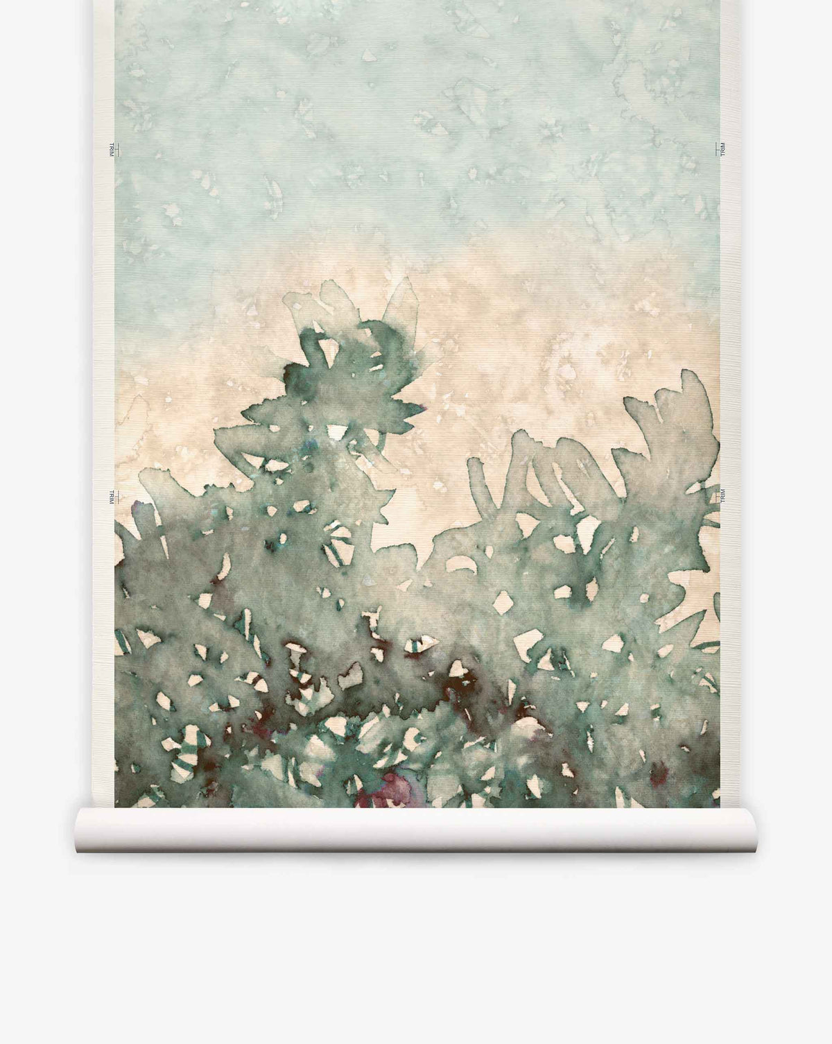 Prospect Grasscloth Mural||Verde features a watercolor depiction of green foliage set against a pale blue and beige sky, displayed on a white hanging scroll—an ideal choice as a wall mural to infuse any space with fresh, natural beauty.
