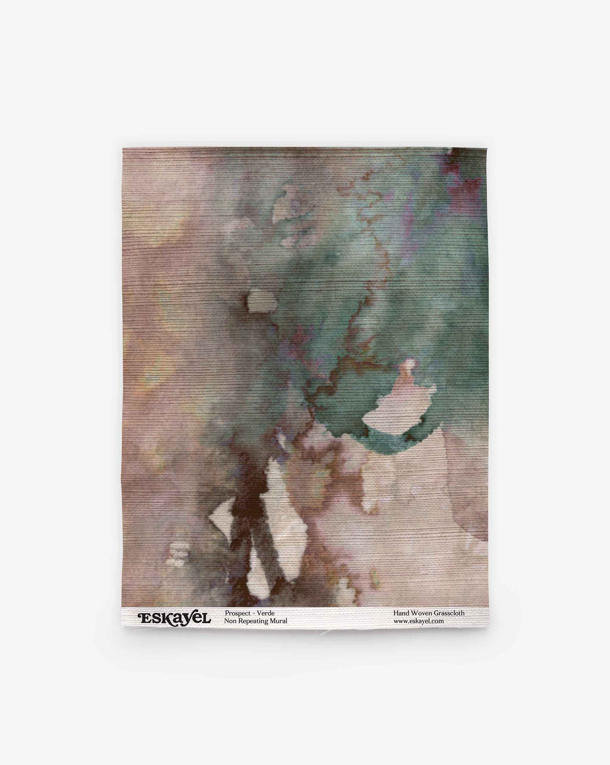 A rectangular fabric sample showcasing a textured surface features the Prospect Grasscloth Sample||Verde, adorned with an abstract watercolor design in muted greens, browns, and purples. Branded text at the bottom highlights the product name and details. Order a sample to experience firsthand the quality and distinctive artistry of this unique piece.