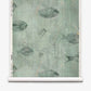 Shoal Grasscloth||Aqua is a wallpaper roll featuring illustrated stingrays, fish, and aquatic plants on a muted green background, bringing serene elegance to any space with its aquatic-inspired design.