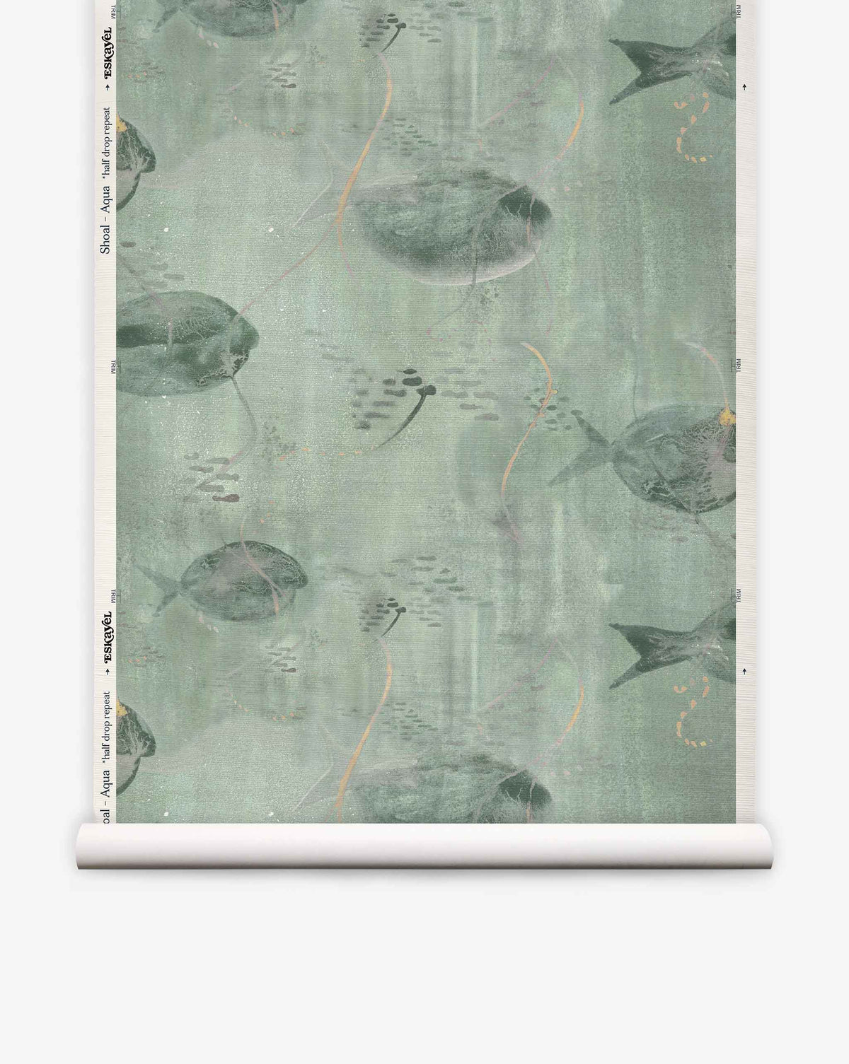 Shoal Grasscloth||Aqua is a wallpaper roll featuring illustrated stingrays, fish, and aquatic plants on a muted green background, bringing serene elegance to any space with its aquatic-inspired design.