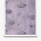 A roll of Shoal Grasscloth||Cay wallpaper featuring a repeating pattern of purple and gray fish swimming among abstract shapes on a lavender background.