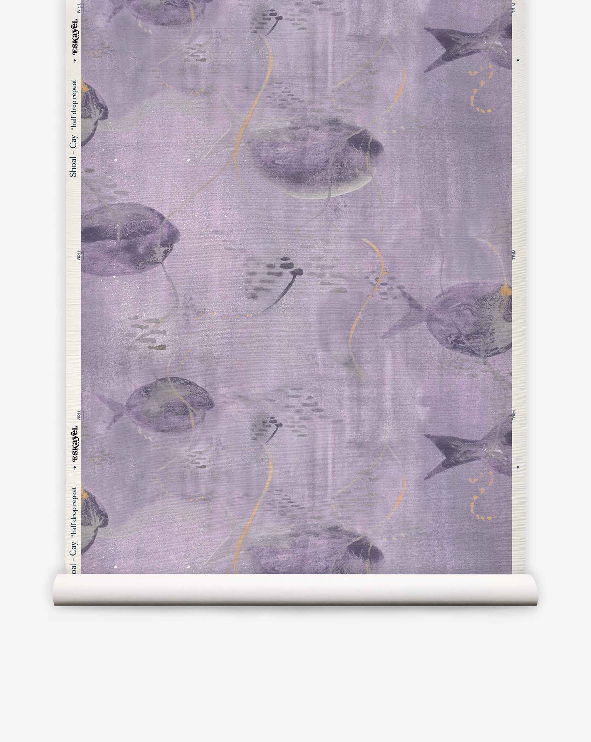 A roll of Shoal Grasscloth||Cay wallpaper featuring a repeating pattern of purple and gray fish swimming among abstract shapes on a lavender background.