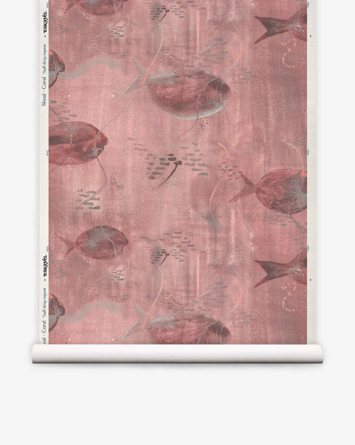 Shoal Grasscloth||Coral wallpaper roll with a pink and mauve fish and stingray design, featuring schools of small fish on a textured background for a dreamy watercolor aesthetic.
