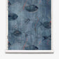 A roll of Shoal Grasscloth||Ocean wallcovering features a dark blue underwater scene with large fish, smaller fish, and red wavy lines on a textured background.