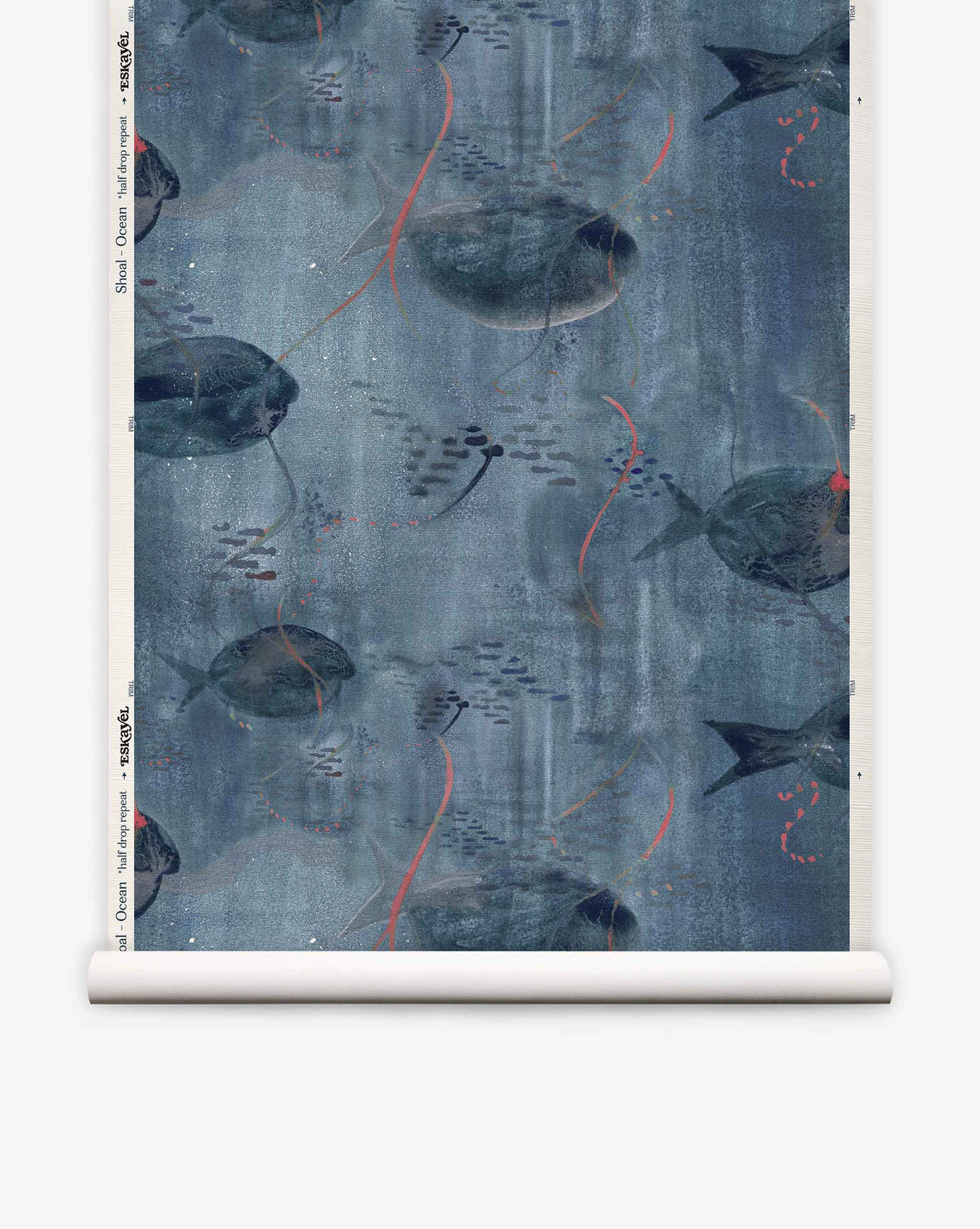 A roll of Shoal Grasscloth||Ocean wallcovering features a dark blue underwater scene with large fish, smaller fish, and red wavy lines on a textured background.