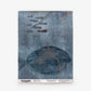 A square blue and gray textile sample featuring abstract shapes, orange and red dotted lines, and labeled with “Pattern: Shoal” and “ESKAYEL” at the bottom. Experience the unique design of the Shoal Grasscloth Sample in Ocean—order yours today for your next creative project.