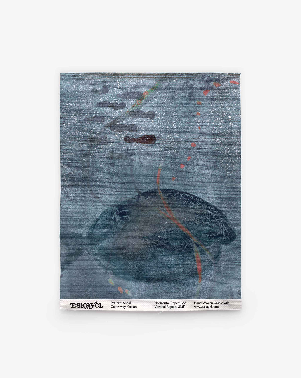 A square blue and gray textile sample featuring abstract shapes, orange and red dotted lines, and labeled with “Pattern: Shoal” and “ESKAYEL” at the bottom. Experience the unique design of the Shoal Grasscloth Sample in Ocean—order yours today for your next creative project.