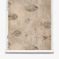 A roll of Shoal Grasscloth||Shell wallpaper featuring a muted, abstract pattern of stingrays and fish swimming on a beige background, reminiscent of delicate watercolor art.