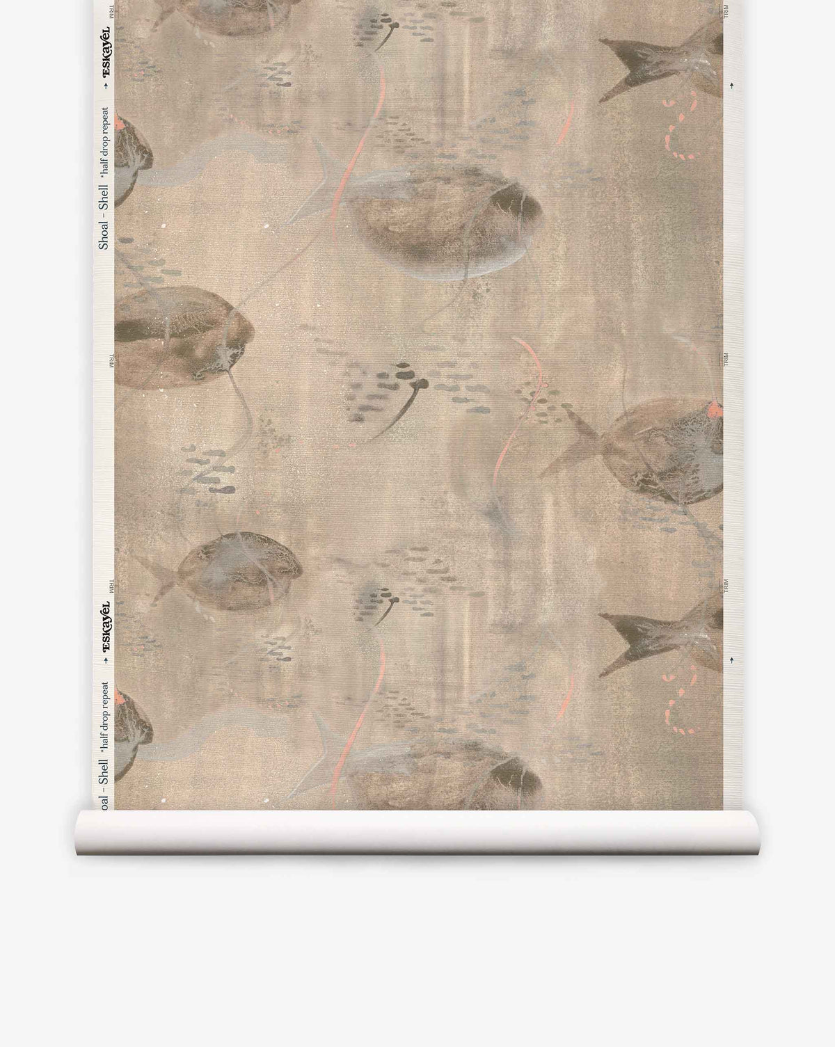 A roll of Shoal Grasscloth||Shell wallpaper featuring a muted, abstract pattern of stingrays and fish swimming on a beige background, reminiscent of delicate watercolor art.