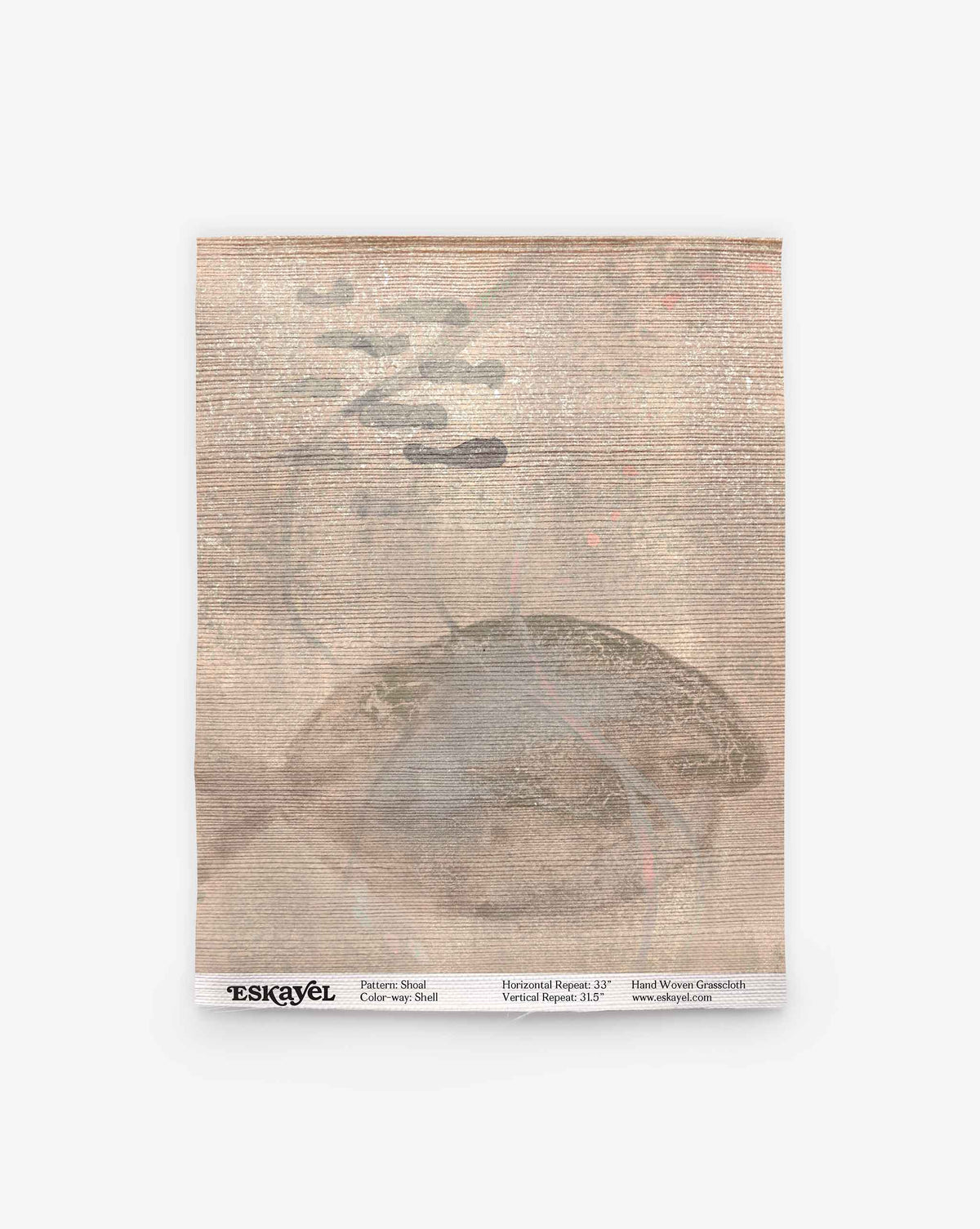 Shoal Grasscloth Sample||Shell: Square woven textile sample featuring a subtle shell pattern in gray and beige hues, with printed product information along the bottom edge. Order a sample to experience the fabric’s delicate texture and refined color palette firsthand.
