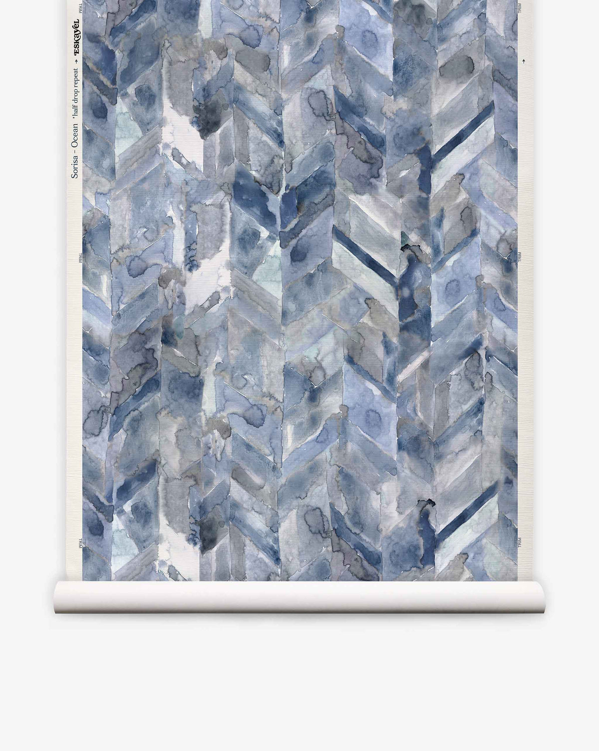 Sorisa Grasscloth||Ocean: Chevron pattern wallpaper in blue and gray, featuring a geometric watercolor-style design on a white background.