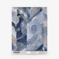 Abstract blue and gray watercolor textile swatch with overlapping geometric shapes evokes hand-woven wallpaper. Label: “Sorisa Grasscloth||Ocean” with pattern, color, and website details.
