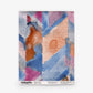 Sorisa Grasscloth||Reef: A square scarf with blue, pink, and orange abstract chevron stripes, watercolor texture, and brand details printed at the bottom edge.