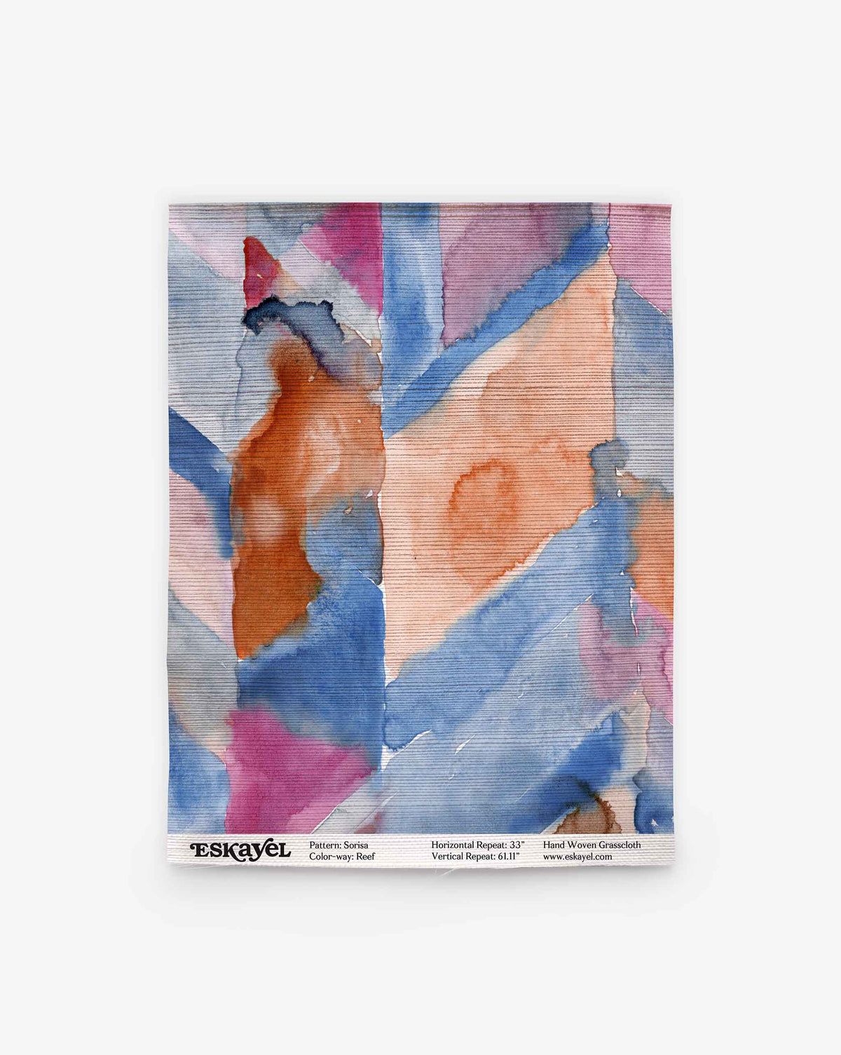 Sorisa Grasscloth||Reef: A square scarf with blue, pink, and orange abstract chevron stripes, watercolor texture, and brand details printed at the bottom edge.