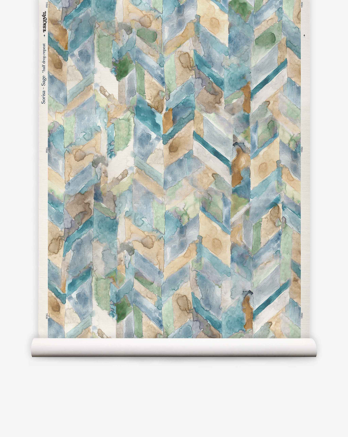 Sorisa Grasscloth||Sage wallpaper roll features an abstract watercolor chevron pattern in blue, beige, and green with textured, overlapping brush strokes.