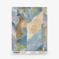 Abstract pastel wallcovering sample with overlapping blue, green, and tan geometric shapes, resembling grasscloth. Text at the bottom: Sorisa Grasscloth||Sage.